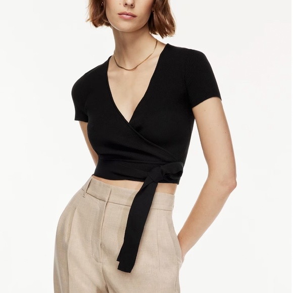 Aritzia Wilfred All Tied Up Sweater Short Sleeve Black Wrap Ribbed Knit XS - Picture 4 of 6